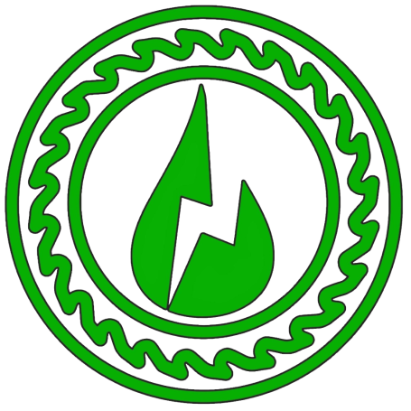 Green stylised drip of water and lightning bolt inside, enclosed in a circular saw patterned border.